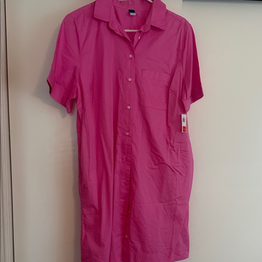 Old Navy Hot Pink Short-Sleeve Button-Down Shirt Dress